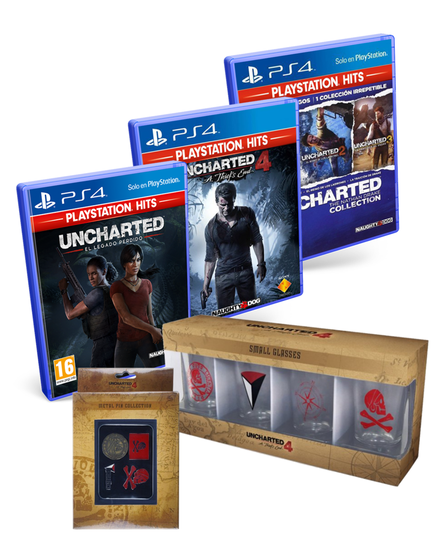 Uncharted: The Nathan Drake Collection + Uncharted: El Legado Perdido + Set de Pins Uncharted 4 + Set de Vasos de Chupito Uncharted 4