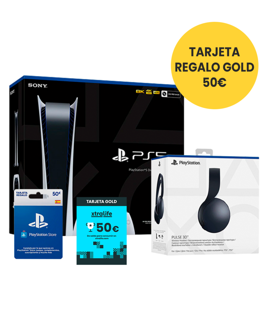 Consola PS5 Edición Digital + Auriculares Pulse 3D Negros + Tarjeta PSN 50€ + Tarjeta Regalo Gold 50€