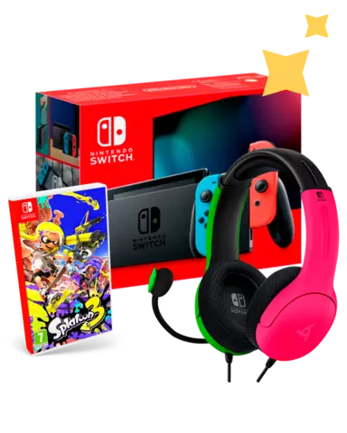 Comprar Nintendo Switch JoyCon Neón Azul/Rojo + Splatoon 3 + Auriculares Gaming LVL40 Rosa y Verde Switch
