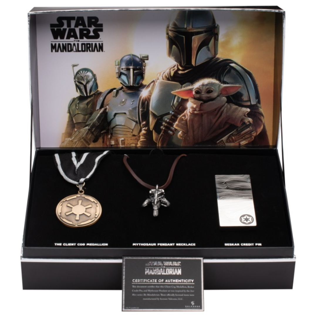 Replicas star wars the mandalorian colgante mythosaurio, medalla imperio galactico y pin beskar