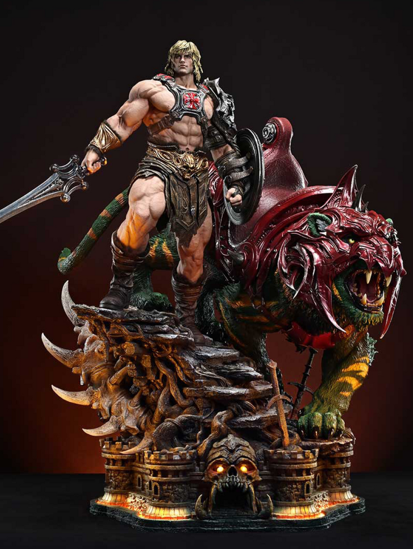 Estatua he-man & battle cat prime 1 studio real elite masterline series masters of the universe 1/4