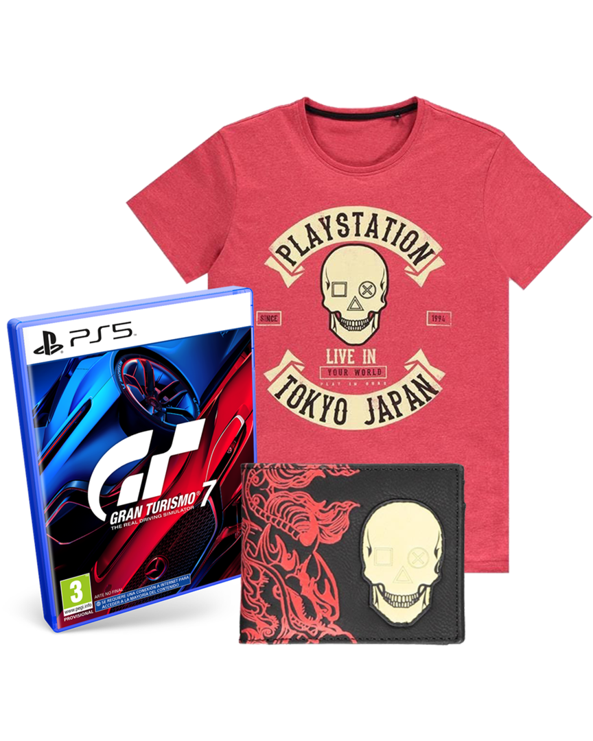 Gran Turismo 7 + Cartera Skull Sony + Camiseta PlayStation Tokyo Talla XXL