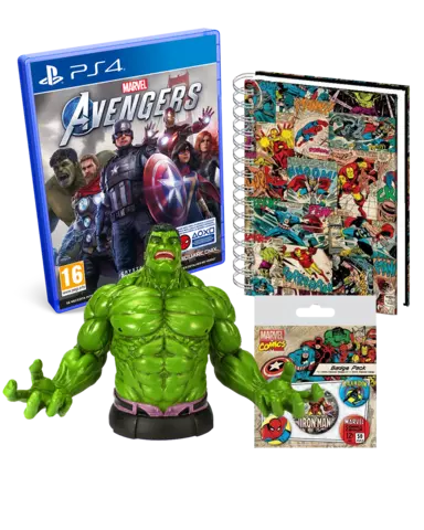 Comprar Marvel's Avengers + Busto Hulk + Libreta A5 Marvel 3D + Set de Chapas Iron Man PS4 Pack Hulk + Libreta