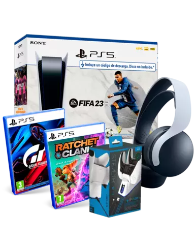 Comprar Consola PS5 FIFA 23 + Ratchet & Clank: Un Mundo Aparte + GT7 + Pulse 3D Blancos + Base de Carga Dual PS5 Pack FIFA 23 A Cargador