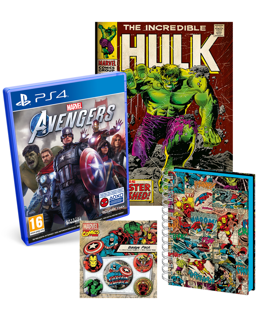 Marvel's Avengers + Lienzo Hulk + Cuaderno A5 Marvel 3D + Set de Pins Capitán América