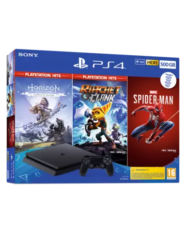 Comprar PS4 Slim 500GB + Marvel's Spider-Man + Horizon Zero Dawn: Ed. Completa + Ratchet 'n' Clank  PS4