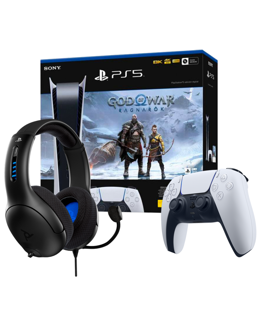 PS5 Consola Digital + God of War: Ragnarök + Mando Dualsense Blanco (Caja Neutra) + Auriculares Gaming LVL 40 Negros con Cable