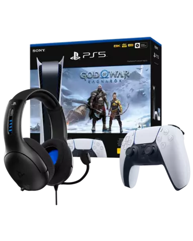 PS5 Consola Digital + God of War: Ragnarök + Mando Dualsense Blanco (Caja Neutra) + Auriculares Gaming LVL 40 Negros con Cable