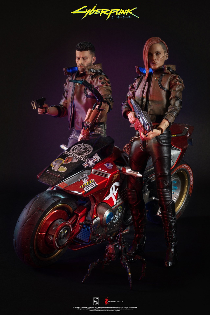 Estatua male y female-v y motocicleta yaiba kusanagi cyberpunk 2077