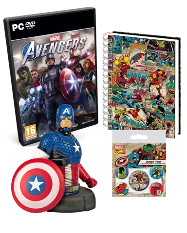 Comprar Marvel's Avengers + Busto Capt. América + Libreta A5 Marvel 3D + Set de Chapas Iron Man PC Pack Capitán América