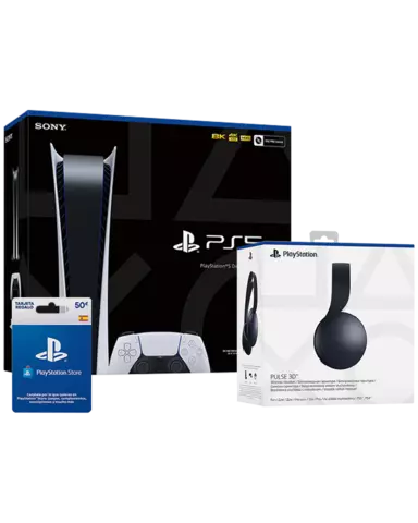 PS5 Consola Edición Digital + Auriculares Pulse 3D Negros + Tarjeta PSN 50€