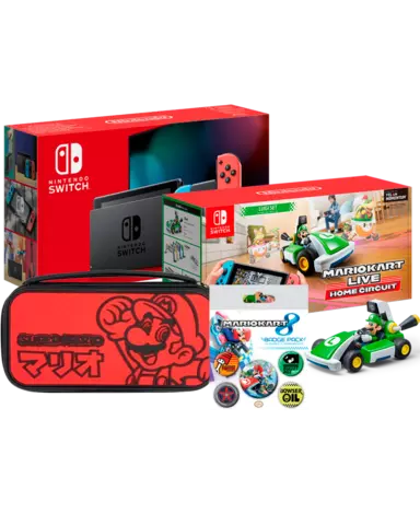 Nintendo Switch JoyCon Neon + Mario Kart Live: Home Circuit Edición Luigi + Funda Deluxe Super Mario Kana Edition