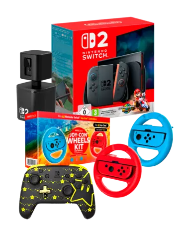 Consola Nintendo Switch 2 + Mario Kart World + Videocamara USB - HORI + Joycon Wheels & Grips + Mando Inalámbrico Rematch Glow Mario Stars