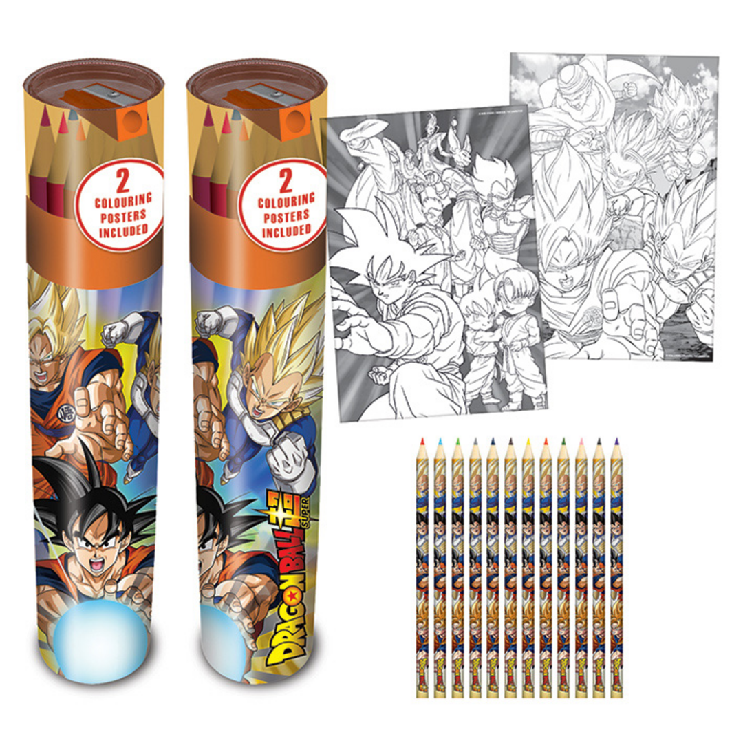 Dragon ball super - tubo de lápices + 2 pósters + sacapuntas battle of gods