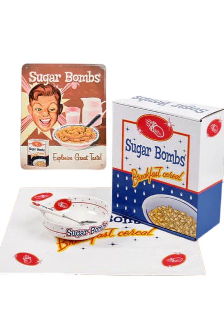 Replica set desayuno fallout sugar bombs (mantel, cuchara, bol, placa hojalata y caja) devplus