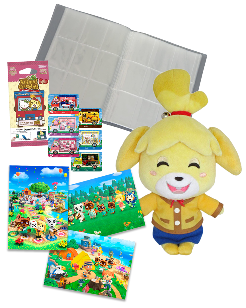 Pack 6 Tarjetas amiibo Animal Crossing/Hello Kitty + Peluche Isabelle + Album para Cartas Coleccionista + Set de Postales Animal Crossing