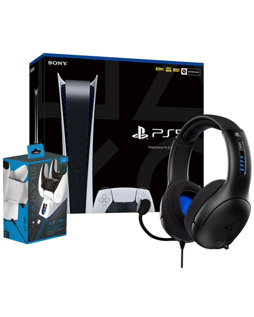 PS5 Consola Edición Digital + Auriculares Gaming LVL50 Negros + Base de Carga para DualSense Blanca