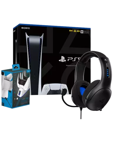 PS5 Consola Edición Digital + Auriculares Gaming LVL50 Negros + Base de Carga para DualSense Blanca