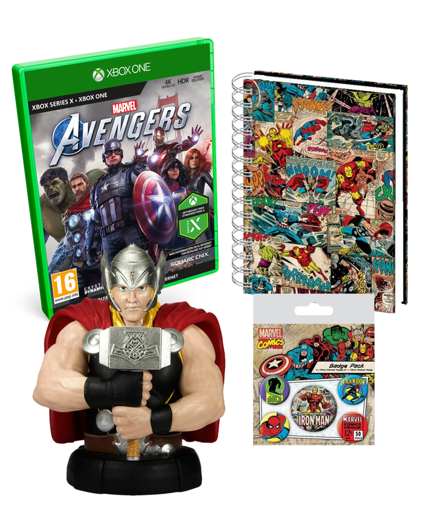 Marvel's Avengers + Busto Thor + Libreta A5 Marvel 3D + Set de Chapas Iron Man