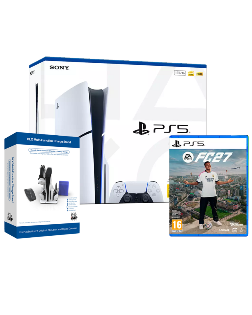 Consola ps5 chassis e + ea sports fc 27 + base de carga ps5 deluxe