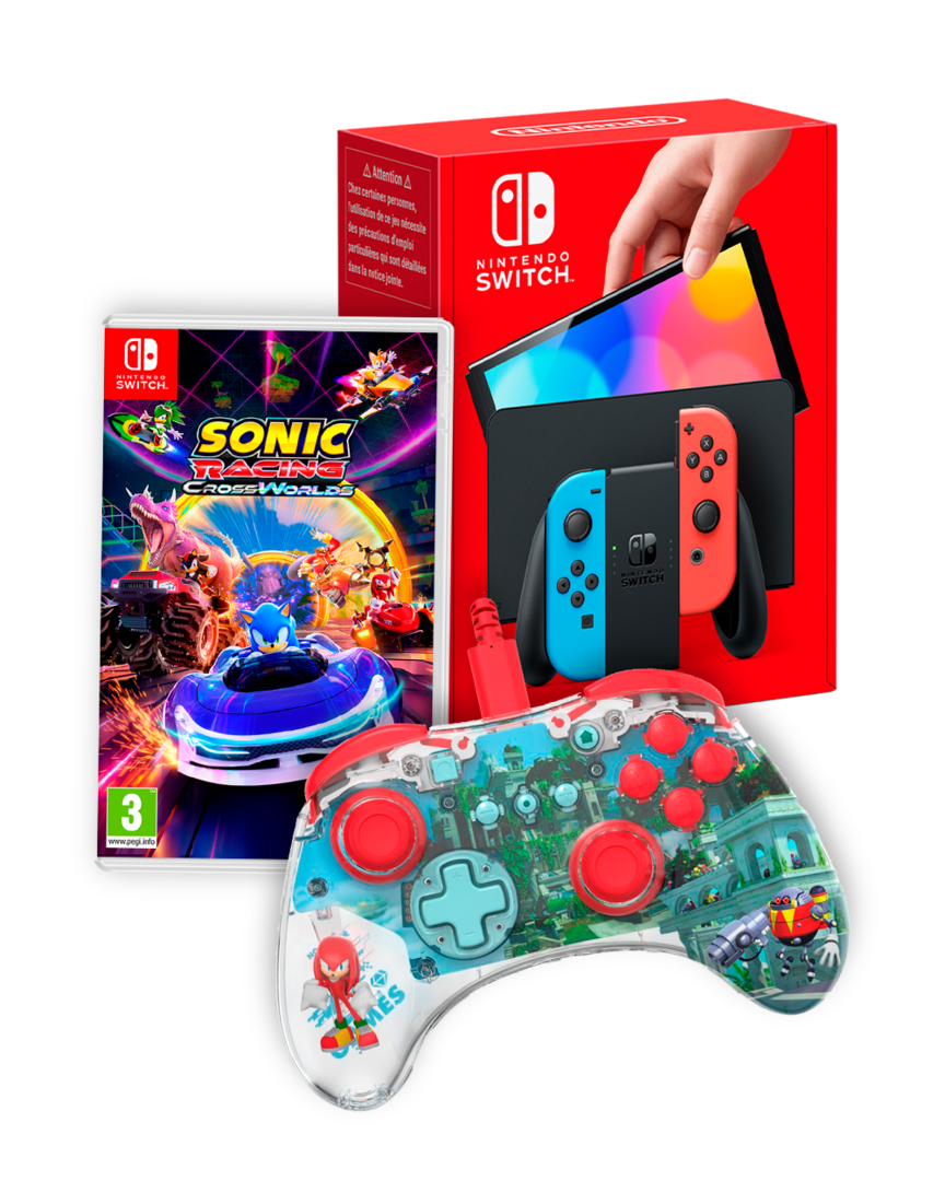Consola nintendo switch oled (rojo/azul) + sonic team racing: crossworlds + mando realmz knuckles