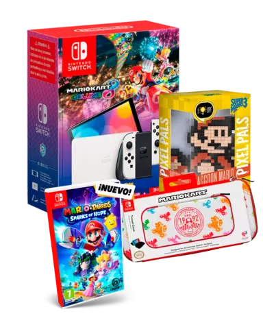 Consola Nintendo Switch OLED Blanca + Mario Kart 8 Deluxe + Mario Rabbids Chispas de Esperanza + Funda