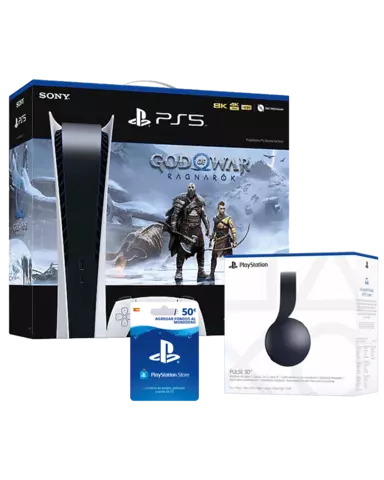 PS5 Edición Digital + God of War: Ragnarök + Auriculares Pulse 3D Negros + Tarjeta PSN 50€