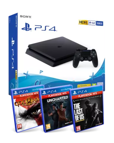 Comprar PS4 Slim 500GB + God of War III Remasterizado + Uncharted: El Legado Perdido + The Last of Us Remasterizado PS4
