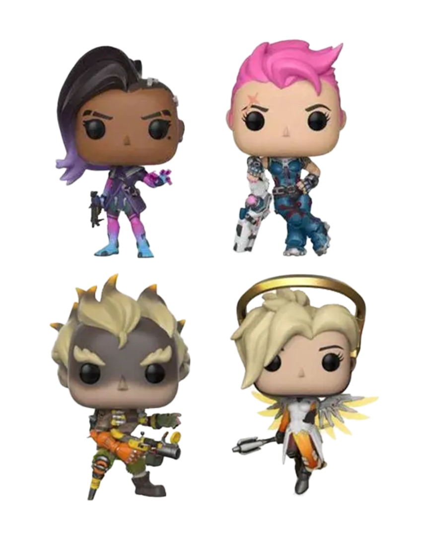 Set de 4 figuras pop! sombra - zarya - junkrat - mercy (brillante) overwatch 9 cm