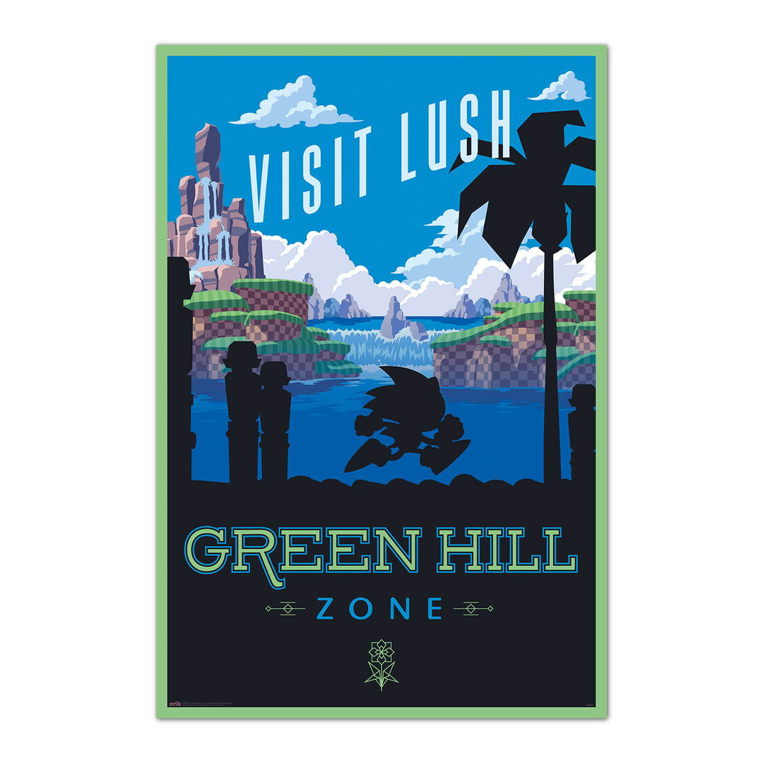 Grupo Erik Póster Sonic The Hedgehog, Visit Lush Green Hill Zone - Lamina decorativa Sonic/Póster gamer - Decoración gaming habitación, Decoración Sonic licencia oficial