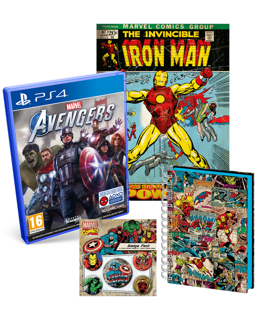 Marvel's Avengers + Lienzo Iron Man + Cuaderno A5 Marvel 3D + Set de Pins Capitán América