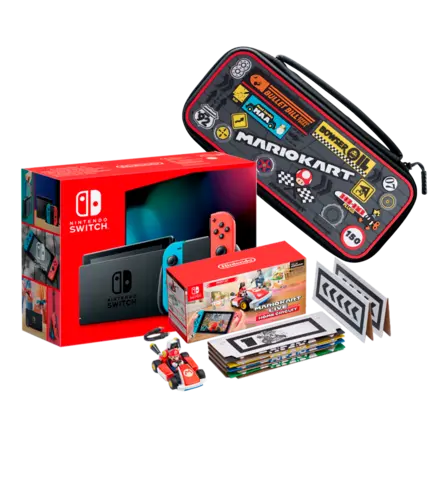 Nintendo Switch JoyCon Neón Azul/Rojo + Mario Kart Live: Home Circuit Edición Mario + Funda de Viaje Deluxe Mario Kart 