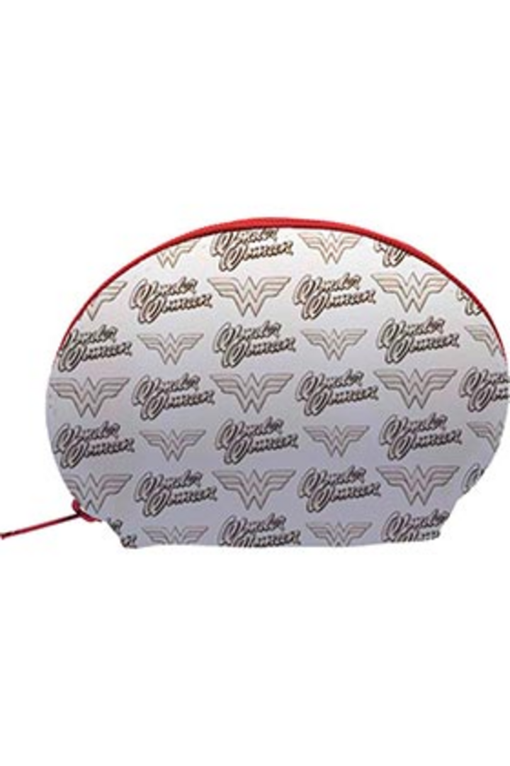Estuche ovalado blanco wonder woman pattern logo universo dc